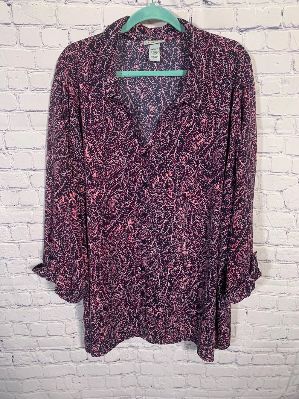 Catherines Womens Long Sleeve Button Down Pink Blue Print Size 5X Casual Fairy